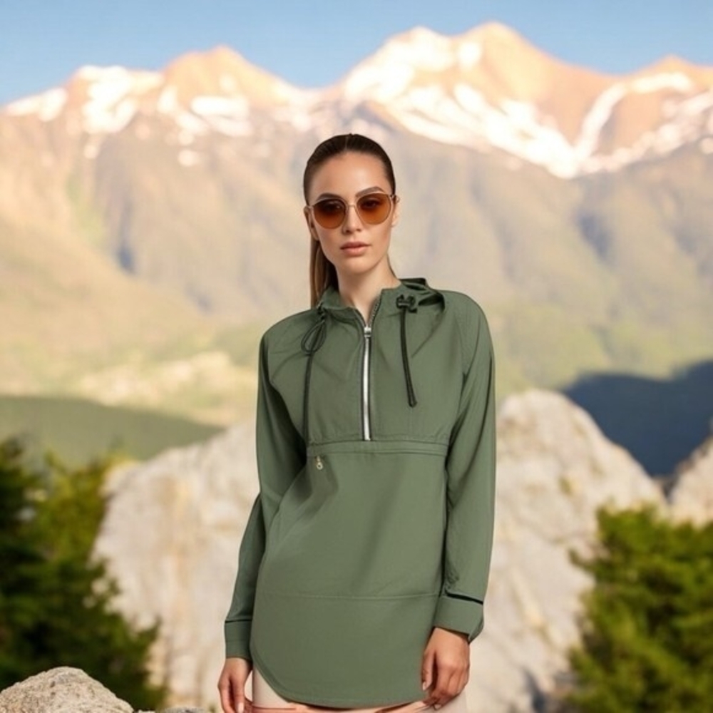 Human Women's Olive Green Hooded Windbreaker Parka L Half Zip Polyester VG